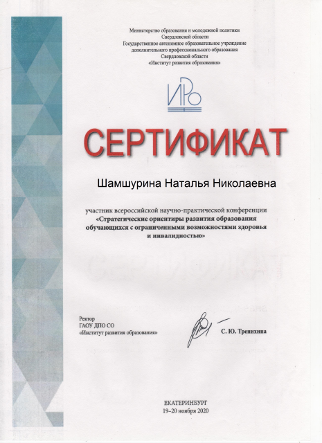 Участник всероссийской научно-практической конференции «Стратегические ориентиры развития образования
обучающихся с ограниченными возможностями здоровья и инвалидностью», 2020