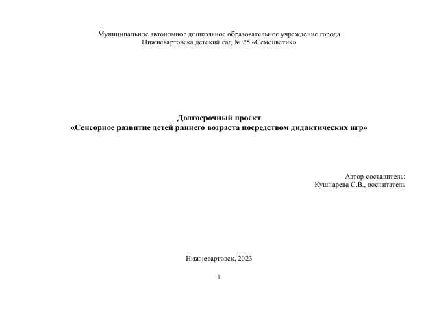 Долгосрочный проект Сенсорное развитие